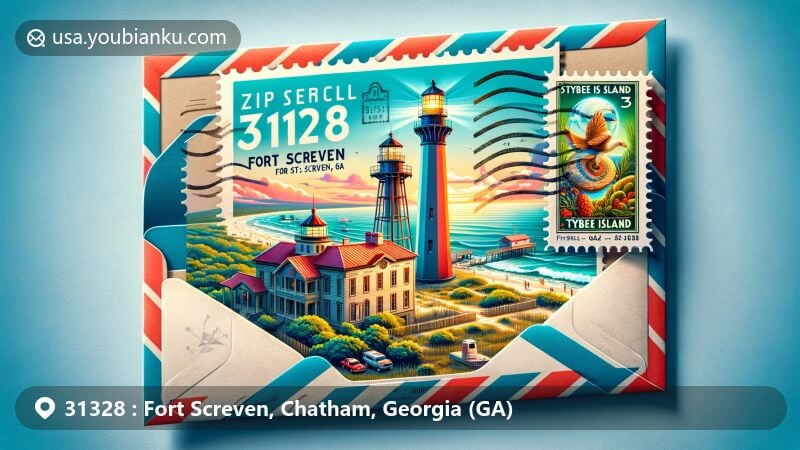 Modern illustration of Fort Screven, Georgia, with a postal theme for ZIP code 31328, featuring Tybee Island Light Station and coastal landscapes.