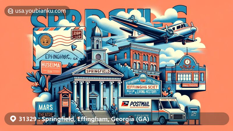 Modern illustration of Springfield, Effingham, Georgia, highlighting postal theme with ZIP code 31329, showcasing Effingham Historic Society's Museum and Living History Site, Mars Theatre, Georgia state flag, airmail envelope, postmark, mailbox, and mail truck.