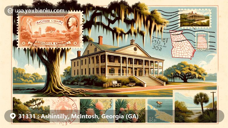 Vintage-style illustration of Ashantilly Center, Old Tabby, Ashintilly, McIntosh County, Georgia, blending historical essence and coastal beauty, with Georgia state flag stamp and ZIP code 31331, encompassing the region's heritage and postal elements.