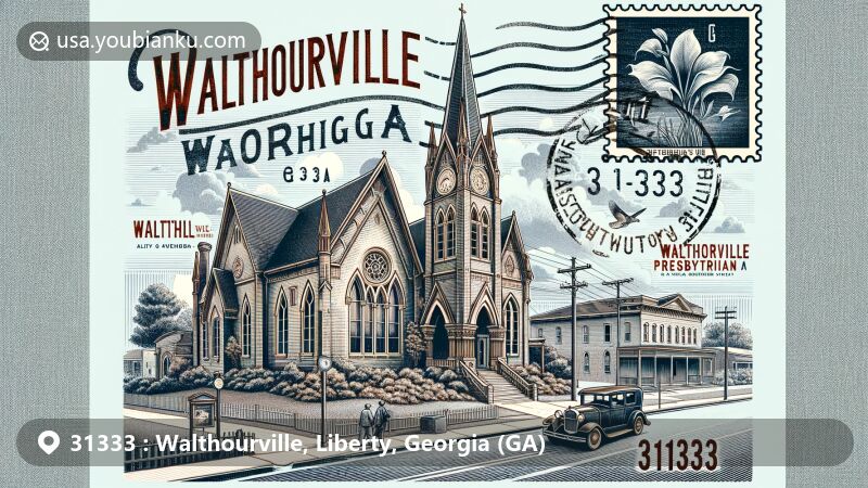 Modern illustration of Walthourville, Georgia, displaying postal theme with ZIP code 31333, featuring historic Walthourville Presbyterian Church, Gothic Revival architecture, all-woman government, and Carrie Kent's mayoral election.
