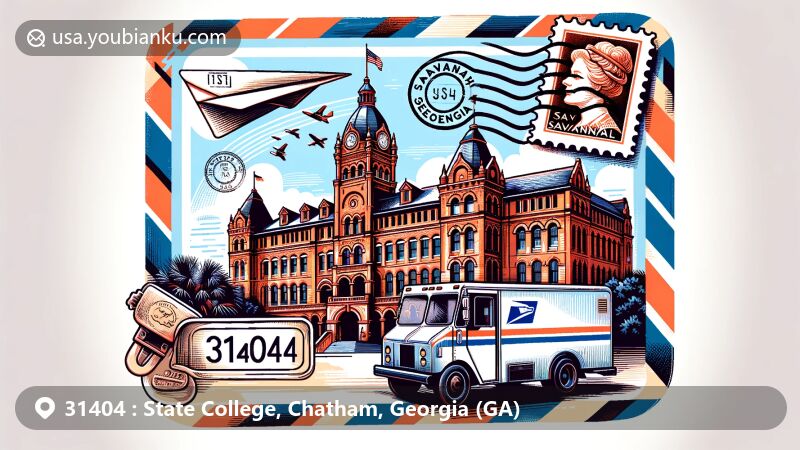 Modern illustration of Savannah State University, Walter Bernard Hill Hall, representing postal theme with ZIP code 31404, featuring airmail envelope and vintage postal truck.