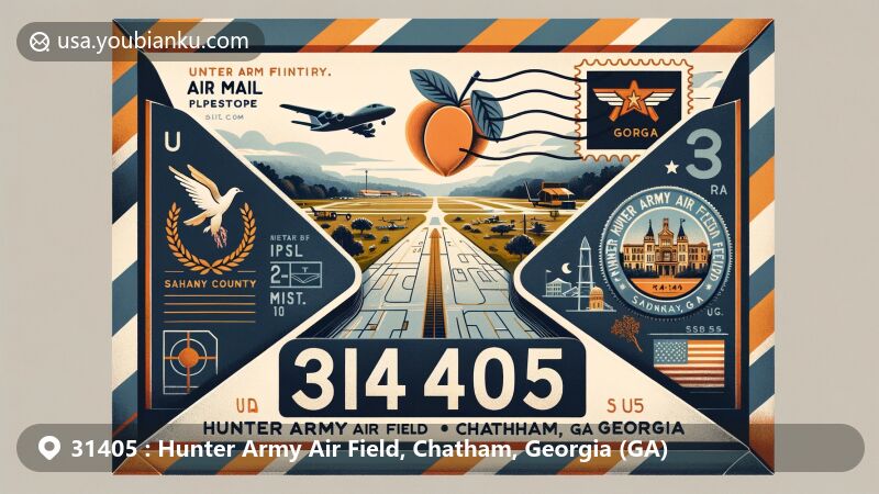 Modern illustration of Hunter Army Air Field in Chatham County, Georgia, highlighting ZIP code 31405 with military air mail motif, featuring runway, military aircraft silhouettes, Georgia peach, state flag, and Savannah's historic district.