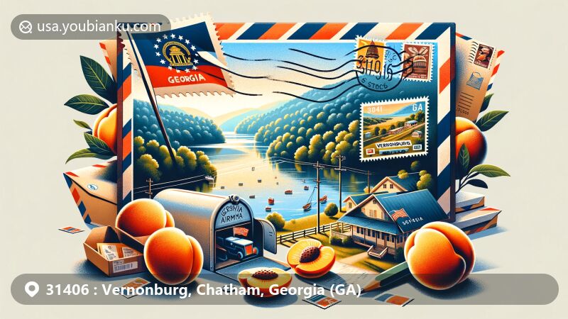 Modern illustration of Vernon River in Georgia with airmail envelope showcasing state flag and peaches, featuring postmark '31406 Vernonburg, GA' and mail-themed details.