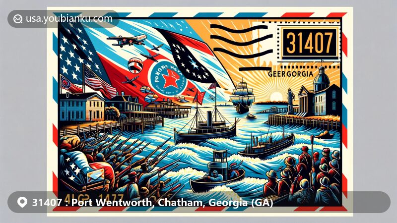 Modern illustration of Port Wentworth, Georgia, in a postal theme, with ZIP code 31407, showcasing historical Battle Between Confederate Gunboats and Union Field Artillery merged with postal elements and Georgia state flag.