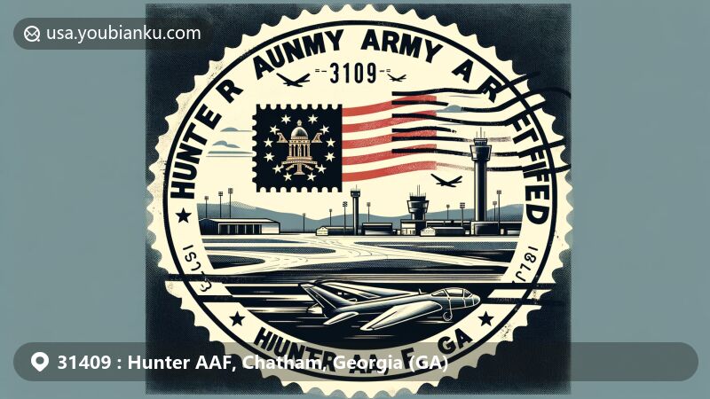 Modern illustration of Hunter Army Airfield, Georgia, with state flag motif and postal elements, including ZIP code 31409, in a postcard format.