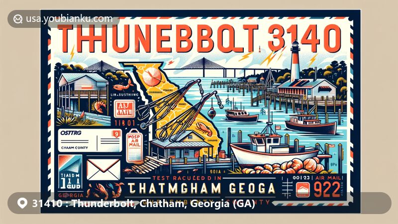 Modern illustration of Thunderbolt, Georgia, showcasing shrimping industry with shrimp boats, docks, and local seafood restaurants, along the Wilmington River, featuring ZIP code 31410 and area code 912.