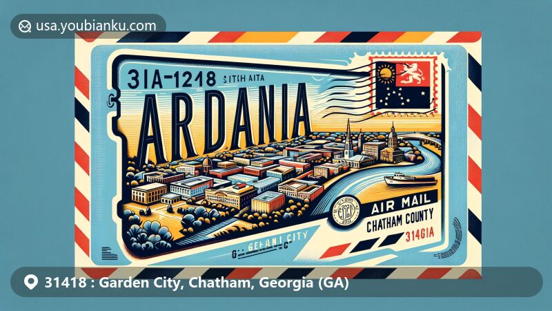 Creative illustration of Garden City, Chatham County, Georgia, featuring modern air mail envelope highlighting ZIP code 31418 and stylized map outline, with nods to Savannah and Georgia state flag.