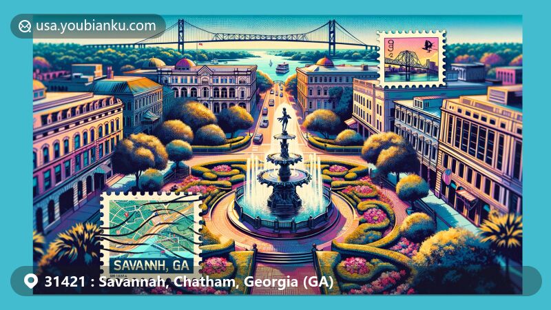Modern illustration of Savannah, Chatham, Georgia (GA) with ZIP code 31421, featuring iconic landmarks like Forsyth Park with ornate fountain and Talmadge Memorial Bridge.