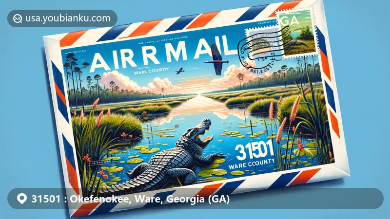 Modern illustration of Okefenokee Swamp, Georgia, featuring airmail envelope with ZIP code 31501, GA abbreviation, Ware County name, alligator, aquatic vegetation, and calm waters.