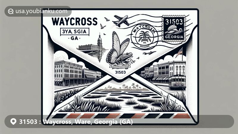Modern illustration of Waycross, Georgia, featuring postal theme with ZIP code 31503, showcasing historic Downtown Waycross buildings, Georgia state flag, and Okefenokee National Wildlife Refuge landscapes.