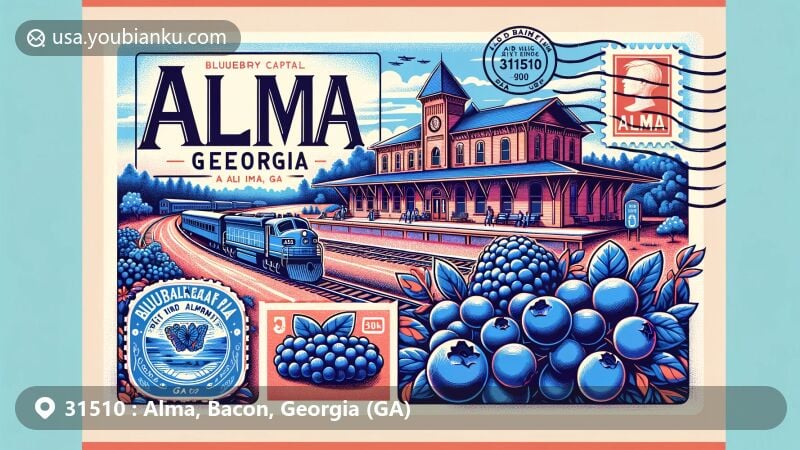 Modern illustration of Alma, Georgia, showcasing blueberry capital theme with elements like blueberries and historic train station, presented in postcard style with stamp and postmark labeled 31510 and Alma, GA.