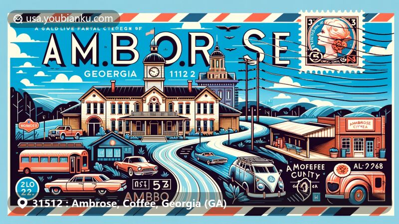 Modern illustration of Ambrose, Georgia, with postal theme showcasing ZIP code 31512, featuring local landmarks like Ambrose City Hall and Coffee County's rural landscape.