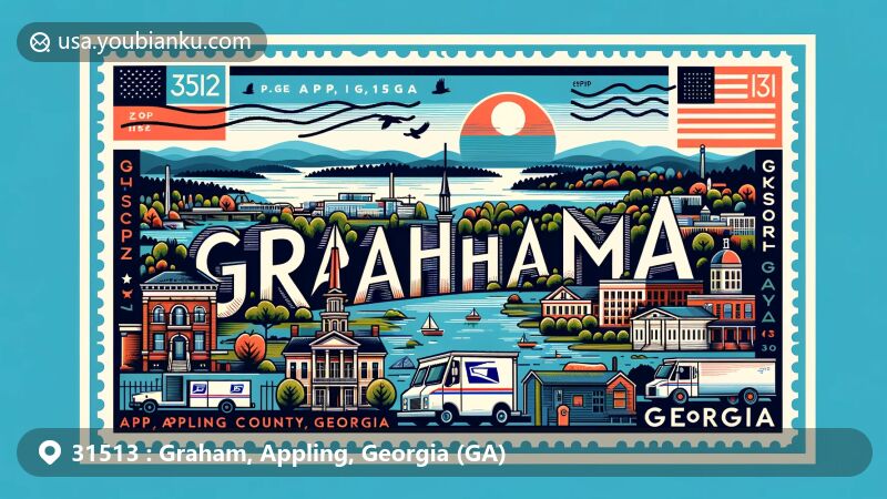Modern illustration of Graham, Appling, Georgia, highlighting Lake Mayers and postal theme with ZIP code 31513, featuring Georgia state flag stamp, postal truck, and mailbox.