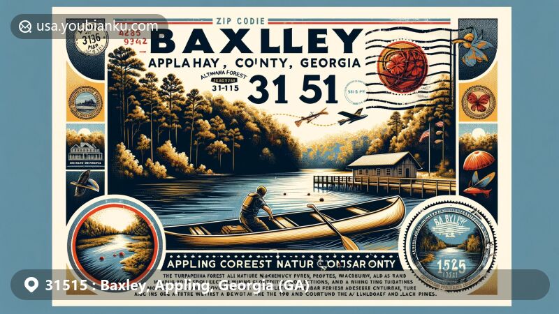 Modern illustration of Baxley, Appling County, Georgia, showcasing the Altamaha River with canoeing, kayaking, fishing, and boating scenes, Moody Forest Nature Conservancy trails, and the Appling County Heritage Center.