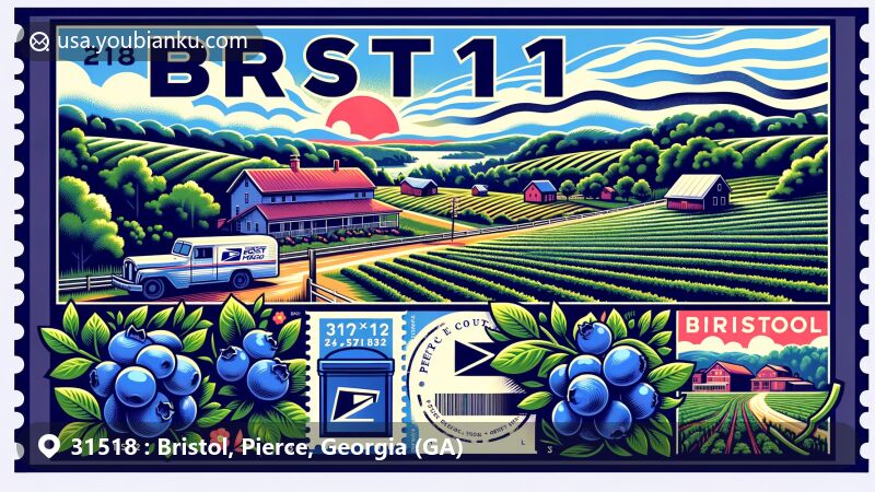 Modern illustration of Bristol, Georgia, ZIP code 31518, featuring Rabbiteye blueberry farms, postal symbols, and Georgia state elements.
