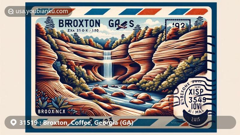 Modern illustration of Broxton Rocks, Broxton, Georgia, accentuating natural beauty and sandstone formations, with waterfall and caves, in vintage air mail envelope design.