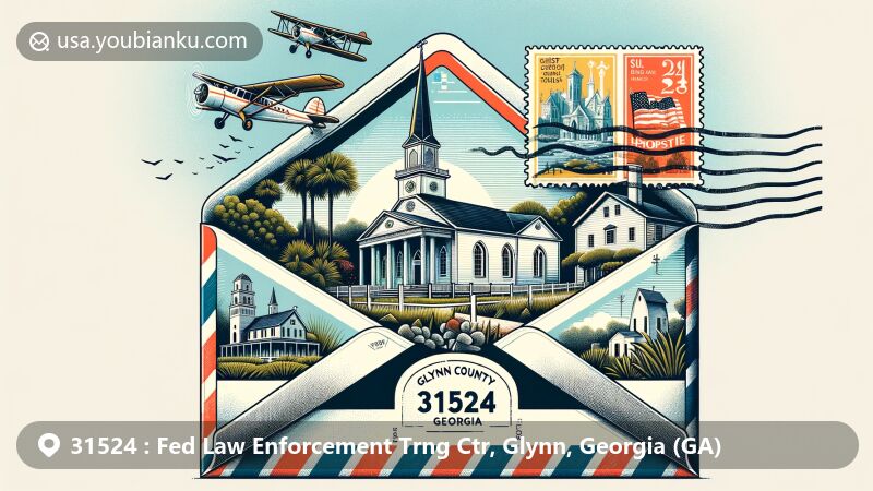 Modern illustration of Glynn County, Georgia, blending landmarks like Christ Church Episcopal and Hofwyl-Broadfield Plantation with iconic American postal elements and ZIP code 31524.