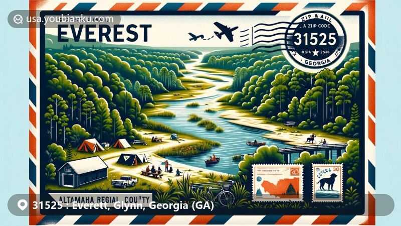 Modern illustration of Everett, Glynn County, Georgia, showcasing postal theme with ZIP code 31525, featuring Altamaha Regional Park and rural landscape.