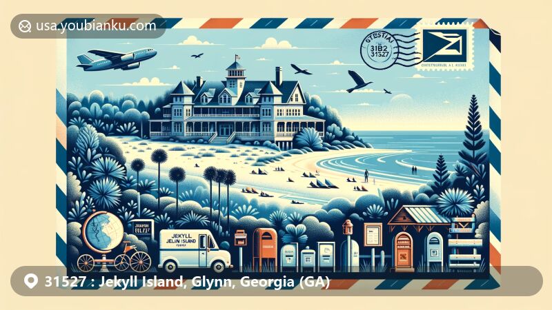 Modern illustration of Jekyll Island, Georgia, blending historic Jekyll Island Club Resort with natural beauty into a postal-themed design in airmail envelope style.