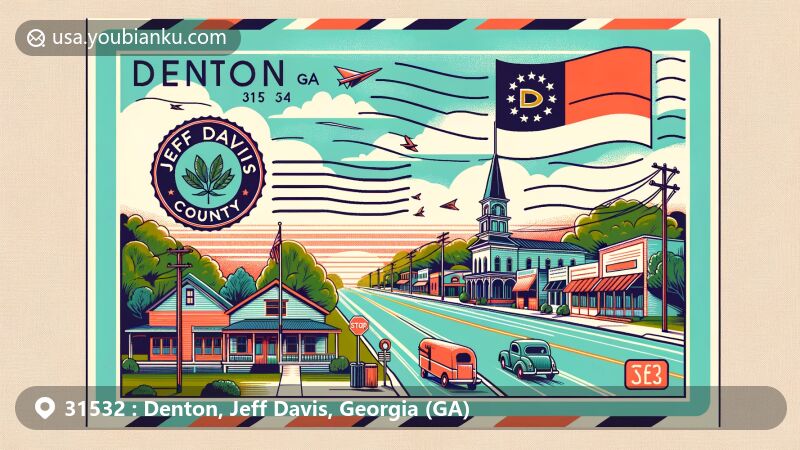 Modern illustration of Denton, GA, Jeff Davis County, featuring postal theme with ZIP code 31532, state flag of Georgia, and regional landmarks.