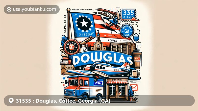 Modern illustration of ZIP code 31535 in Douglas, Coffee County, Georgia, featuring Georgia state flag, Coffee County outline, WWII Flight Training Museum, airmail envelope, stamps, postmark with 31535, U.S. mailbox or mail truck.