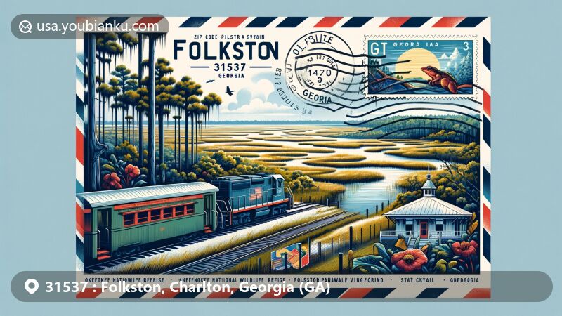 Modern illustration of Folkston, Charlton County, Georgia, highlighting ZIP Code 31537 and Okefenokee National Wildlife Refuge, featuring Folkston Funnel Train Viewing Platform and postal elements.