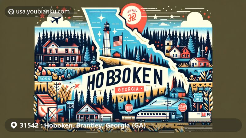 Modern illustration of Hoboken, Brantley County, Georgia, highlighting rural charm with postal theme and ZIP code 31542, featuring US Route 82 and Georgia landscapes.