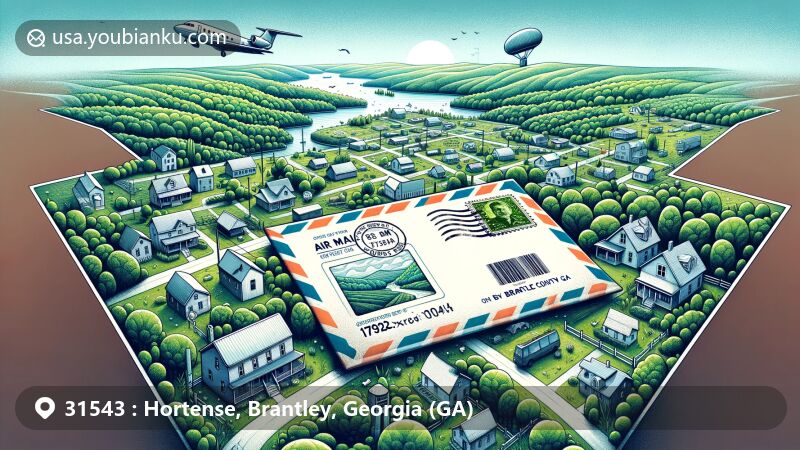 Intricate illustration of Hortense, Georgia, featuring a creative air mail envelope with Georgia state flag stamp and postal theme, set in the scenic landscape of Brantley County.