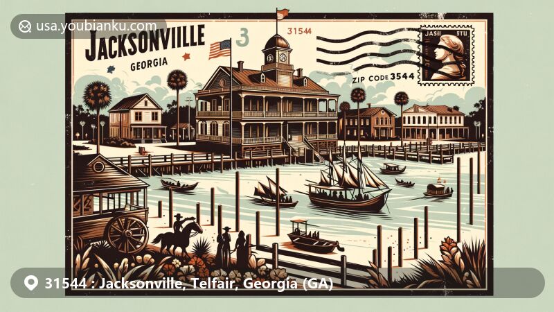 Vintage postcard illustration of Jacksonville, Georgia, ZIP code 31544, featuring Blackshear Trail history and county seat significance, plantation economy, and postal motifs.