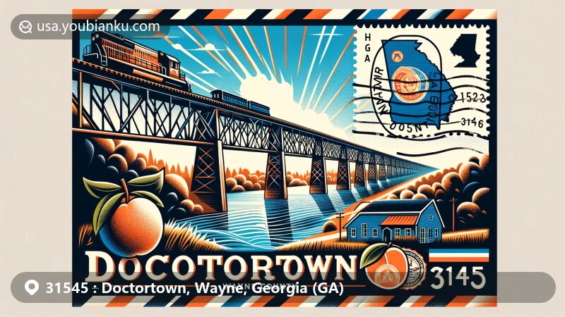 Modern illustration of Doctortown Railroad Trestle crossing Altamaha River in Georgia, featuring a stylized airmail envelope with state symbols, including the state flag, peaches, and Wayne County's map, and a postmark with ZIP code 31545.