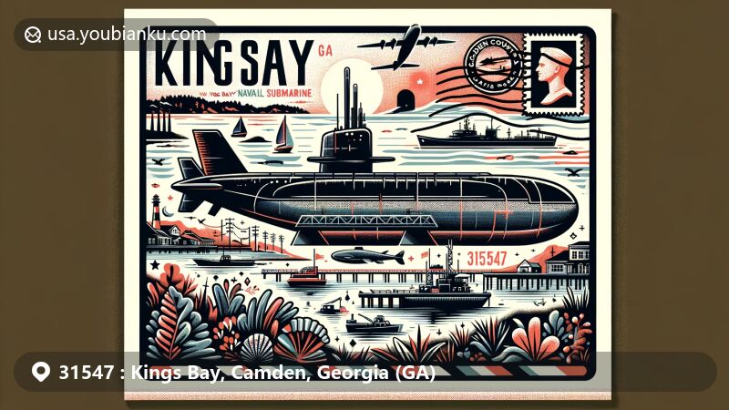 Modern illustration of Kings Bay area, Camden County, Georgia, showcasing Kings Bay Naval Submarine Base with postal motifs, vintage air mail envelope, Georgia state symbols, and coastal landscape.