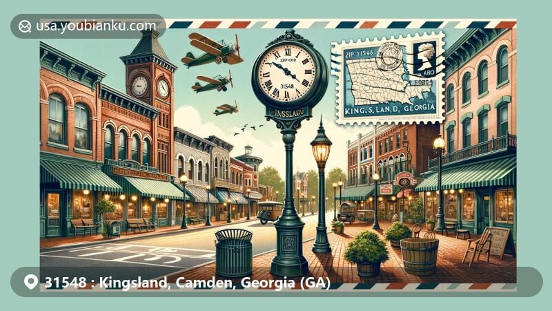 Historic downtown illustration of Kingsland, Camden, Georgia, showcasing the Royal District with red brick sidewalks, street clock, street lights, and merchant shops, enriched with air mail envelope, Georgia stamp, and ZIP code 31548.