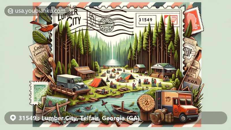 Modern illustration of Lumber City, Georgia, featuring ZIP code 31549, showcasing elements of nature and community activities like forests, camping, hiking, fishing, bird watching, art festivals, music festivals, and food truck rallies.