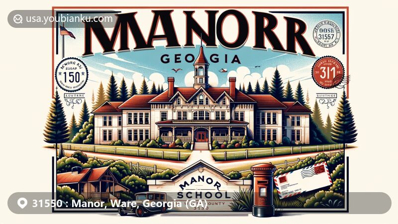 Contemporary depiction of Manor School, Manor, Georgia, set against Georgia's iconic pine trees and red clay terrain, featuring vintage postal element representing ZIP code 31550.