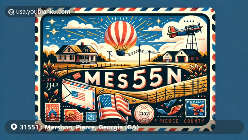 Modern illustration of Mershon, Georgia, in Pierce County, blending local charm and postal motifs with vintage postcard and air mail envelope elements.