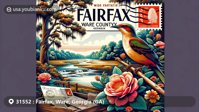 Modern illustration of Fairfax, Ware County, Georgia, featuring key symbols like Cherokee Rose, Brown Thrasher, and Live Oak, with vintage postcard design and ZIP code 31552 prominently displayed.