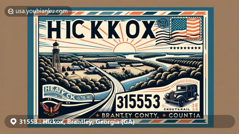 Modern illustration of Hickox, Brantley County, Georgia, featuring postal theme with ZIP code 31553, showcasing peaceful rural atmosphere, proximity to Satilla River and Okefenokee Swamp, reflecting community's strong connection to nature.