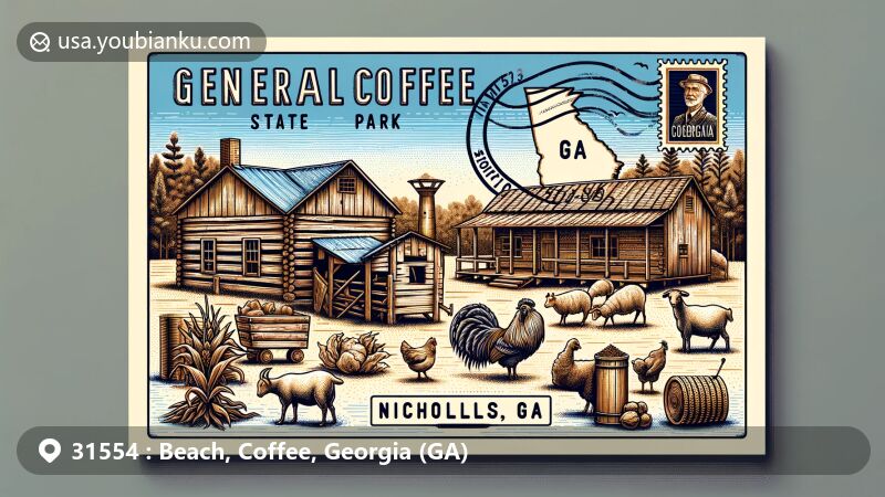 Modern illustration of General Coffee State Park, Nicholls, Georgia, with postcard theme highlighting agricultural history, including log cabins, corn crib, tobacco barn, and farm animals like goats, sheep, chickens, and pigs. Georgia state outline subtly in background.