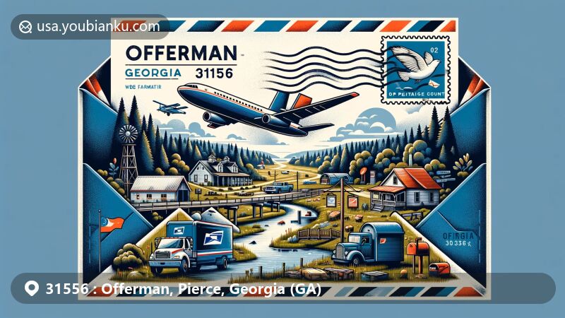 Modern illustration of Offerman, Georgia, showcasing postal theme with ZIP code 31556, featuring Offerman's landscape, landmarks, and Georgia state symbols.