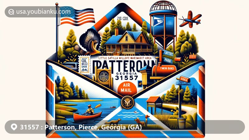 Modern illustration of Patterson, Georgia, showcasing postal theme with ZIP code 31557, featuring Little Satilla Wildlife Management Area and Twin Oaks Park.
