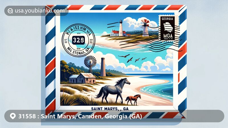 Modern illustration of Cumberland Island National Seashore, McIntosh Sugarmill Ruins, and St. Marys River in airmail envelope frame with Georgia state flag, stamps, postmark, and postal theme.