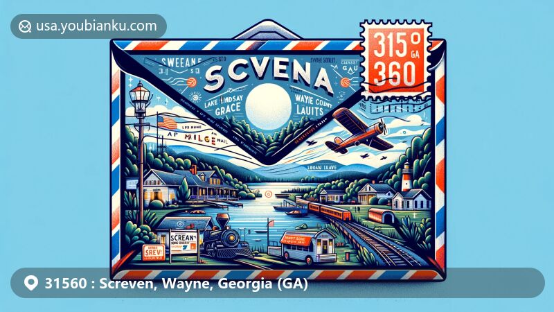 Modern illustration of Screven, Wayne County, Georgia, capturing the essence of ZIP code 31560 with postal elements, Lake Lindsay Grace, Screven Ghost Light, and railroad heritage.