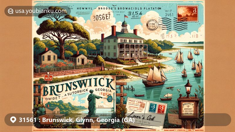 Modern illustration of Brunswick, Georgia, showcasing Hofwyl-Broadfield Plantation, Lover's Oak, vintage postal elements, and ZIP code 31561, symbolizing historical and cultural heritage.