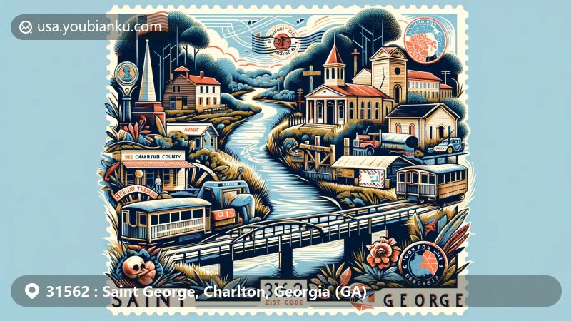 Modern illustration of Saint George, Charlton County, Georgia, featuring postal theme with ZIP code 31562, showcasing Saint Mary's River's Georgia Bend and symbolic elements representing the region's history.