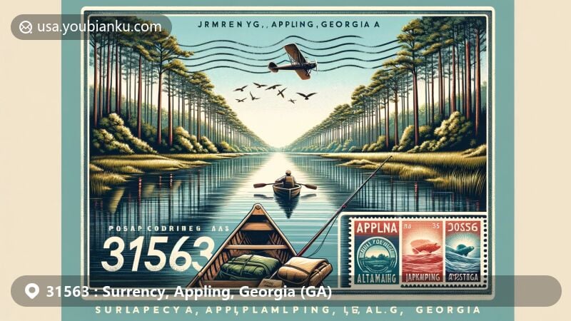 Modern illustration of Surrency, Appling, Georgia, showcasing postal theme with ZIP code 31563, featuring Altamaha River's scenic beauty, Georgia Pines, air mail envelope, stamps, and postmark.
