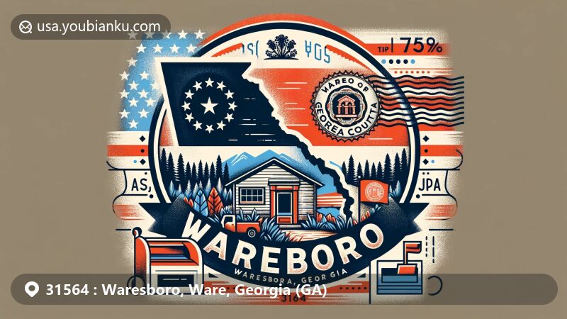 Modern illustration of Waresboro, Ware, Georgia, highlighting regional and postal elements, including Georgia state flag, Ware County outline, hiking trails, forests, postcard format, postage stamp with Georgia state flag, postmark of ZIP Code 31564, and a mailbox.