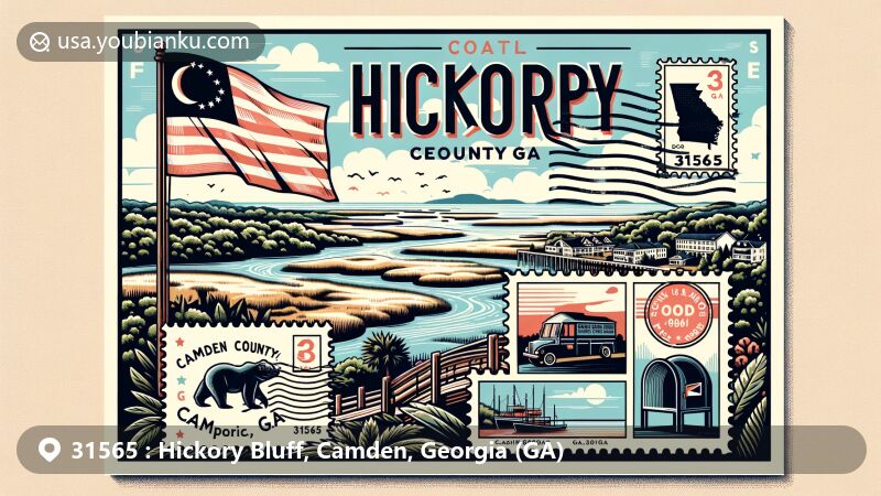 Modern illustration of Hickory Bluff, Camden County, Georgia, featuring Georgia state flag, Camden County outline, coastal landscapes, U.S. mailbox, mail truck, postal theme, stamp, and postmark with ZIP code 31565 and Hickory Bluff, GA.