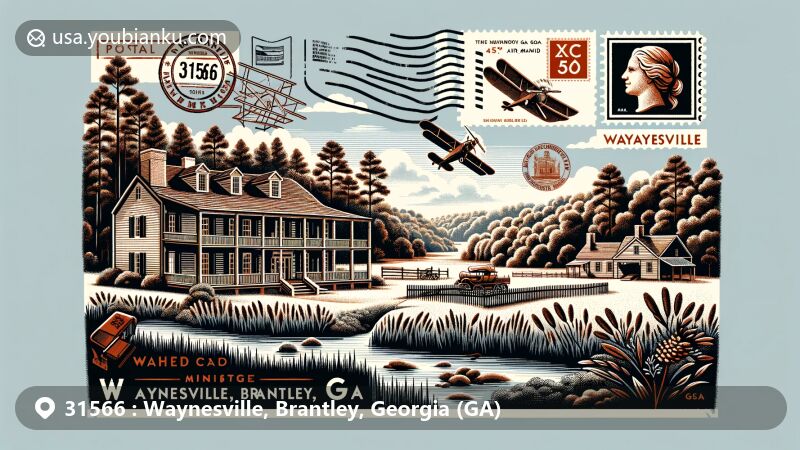Modern illustration of Waynesville, Brantley County, Georgia, featuring the ZIP code 31566 and Mumford Plantation, with elements of nature like great oaks and tall pines near the Satilla River.