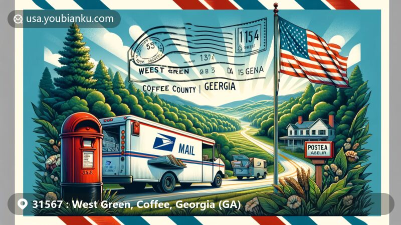 Modern illustration of West Green, Coffee County, Georgia, incorporating postal theme with ZIP code 31567, featuring lush Georgia landscape, vintage air mail envelope, state flag, red post box, delivery van, and postal delivery scene.