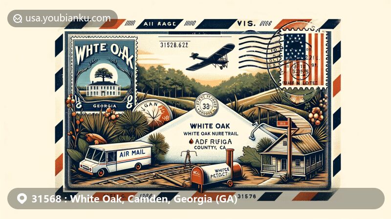 Modern illustration of White Oak, Georgia, representing postal theme with ZIP code 31568, showcasing Refuge Plantation and White Oak Nature Trail against vintage air mail envelope background.